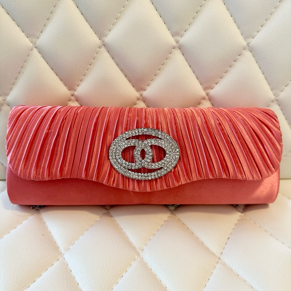 NWOT Coral Satin Clutch with Rhinestone Accent